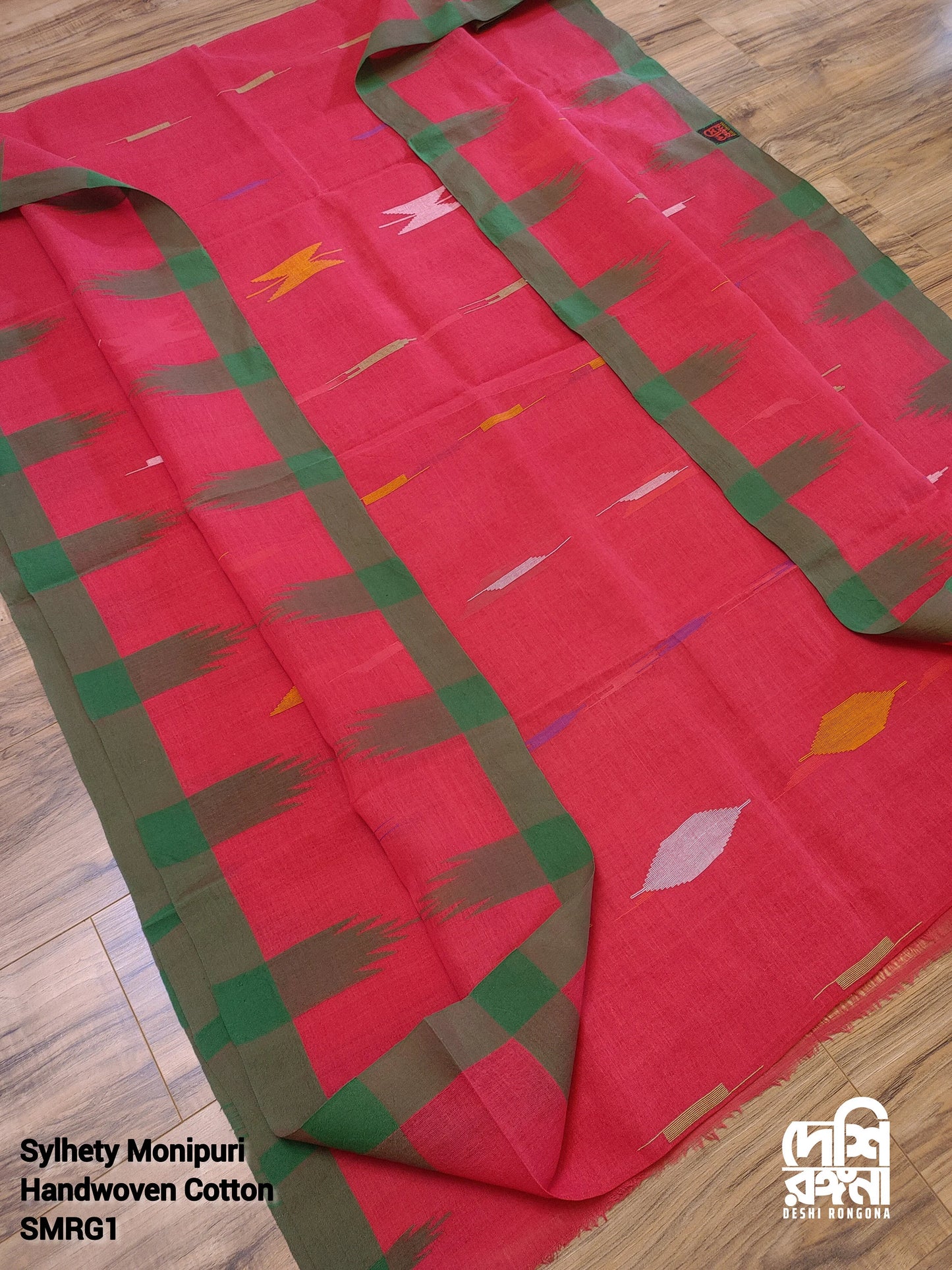 Sylheti Monipuri Handwoven Soft Cotton Saree – Pinkish Red & Green