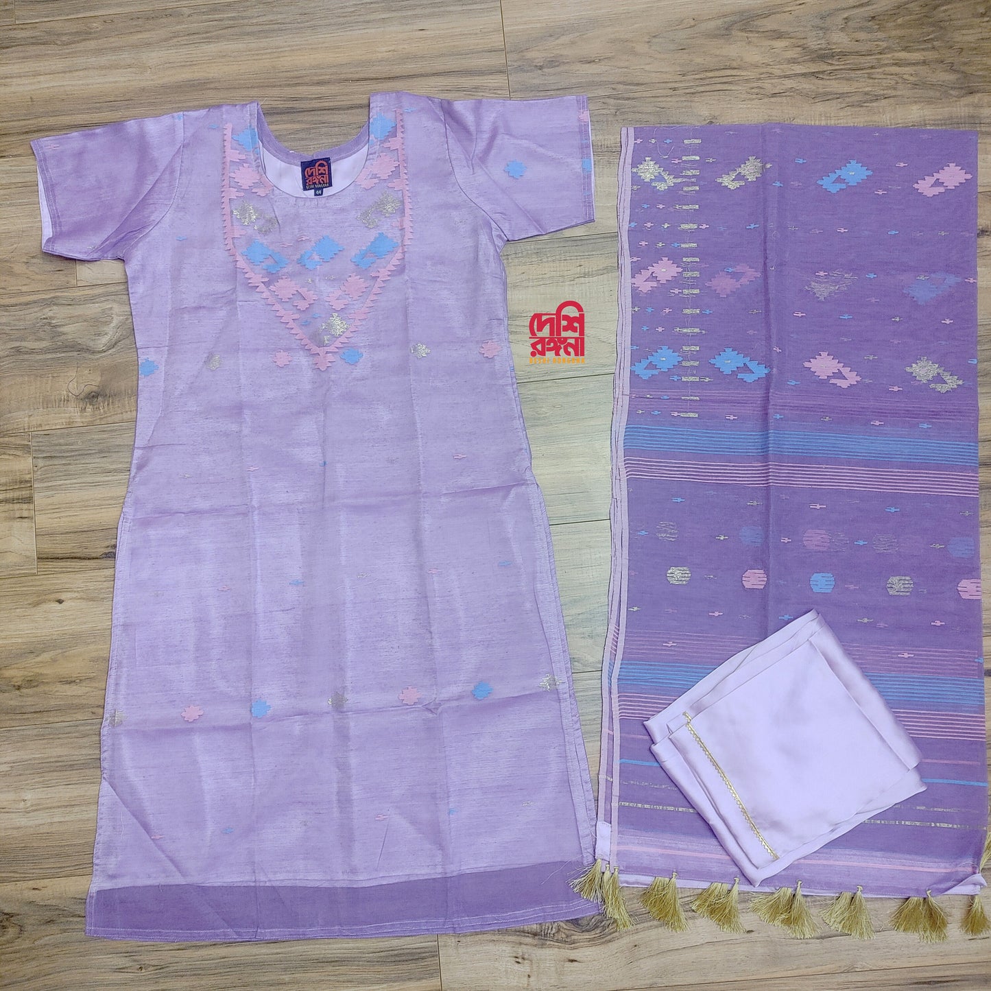 Handwoven Dhakai Jamdani Halfsilk Dress – Lavender Elegance