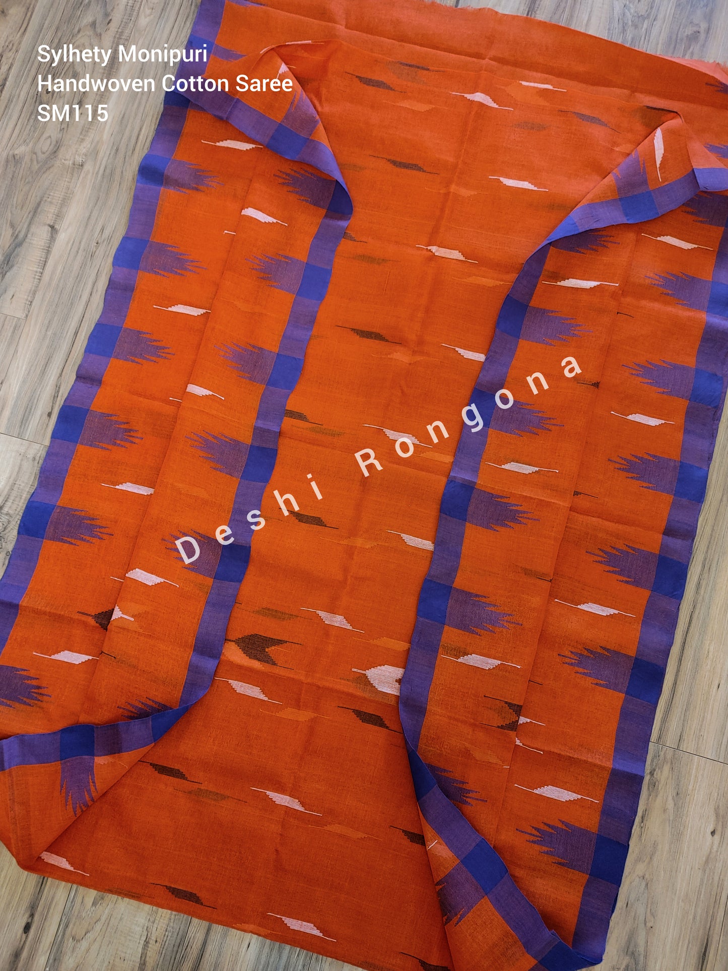 Sylheti Monipuri Handwoven Cotton Saree – Orange & Blue Border