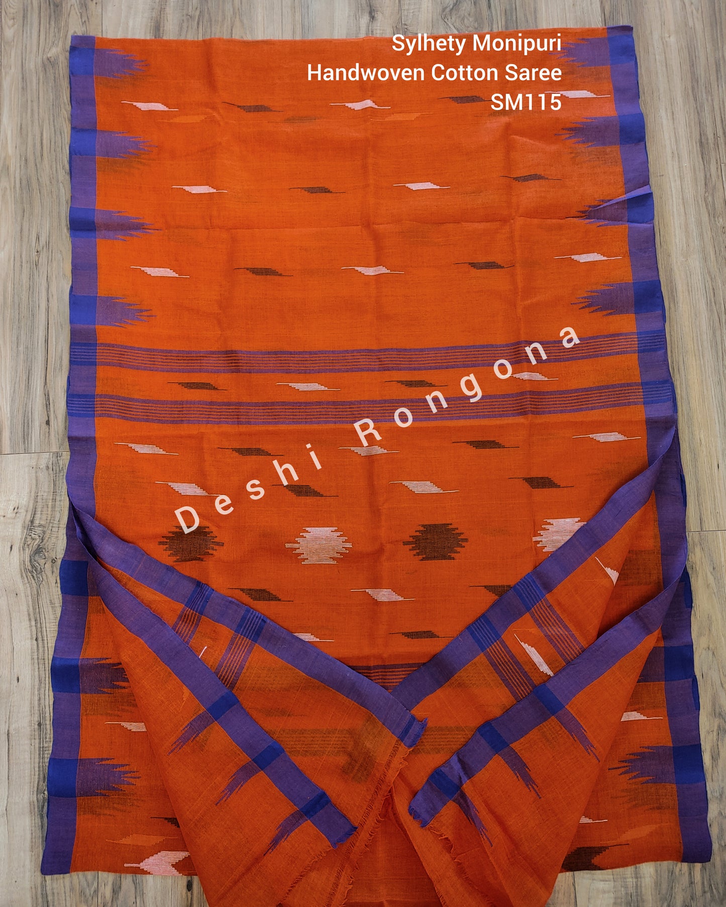 Sylheti Monipuri Handwoven Cotton Saree – Orange & Blue Border