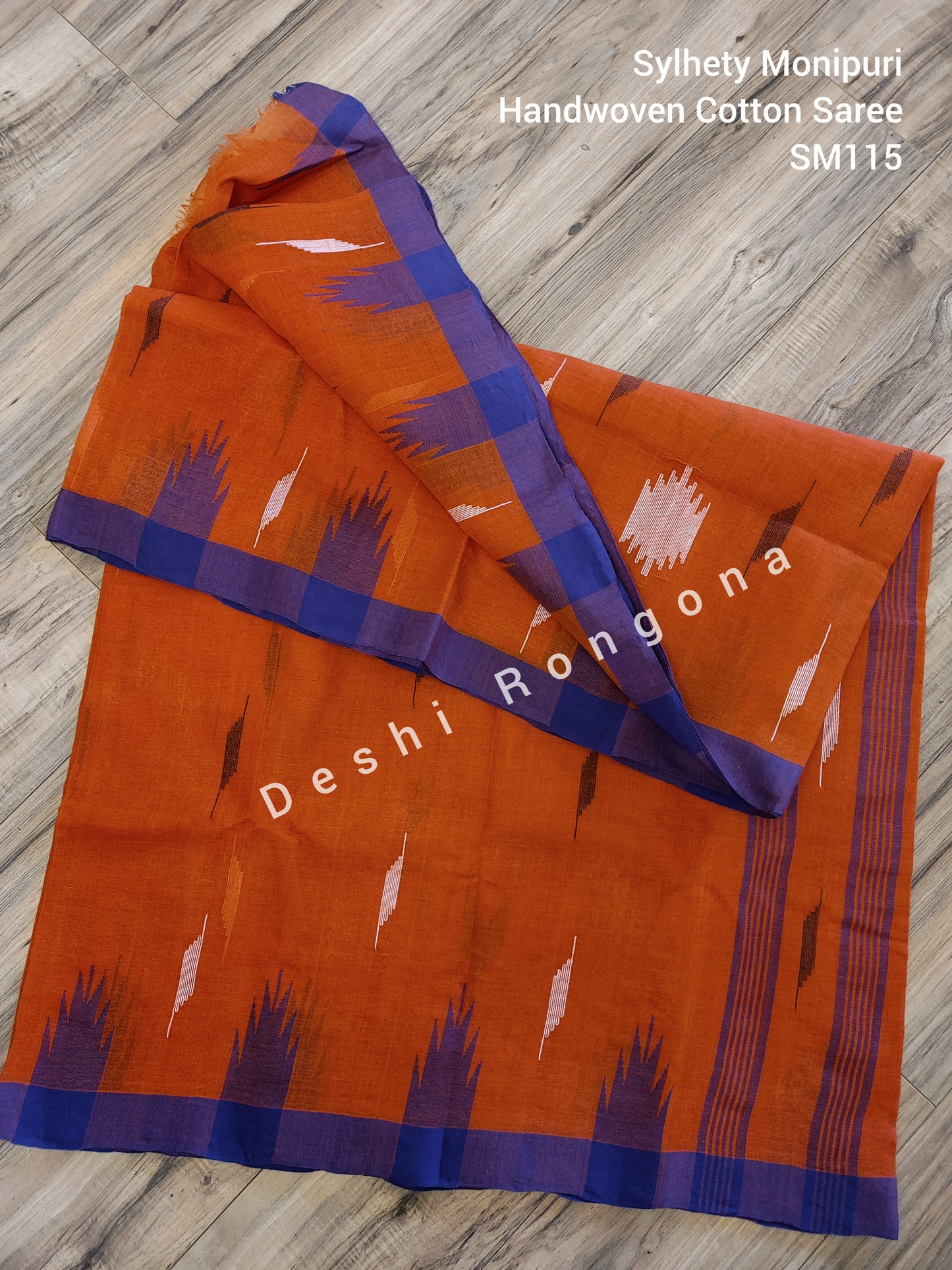 Sylheti Monipuri Handwoven Cotton Saree – Orange & Blue Border