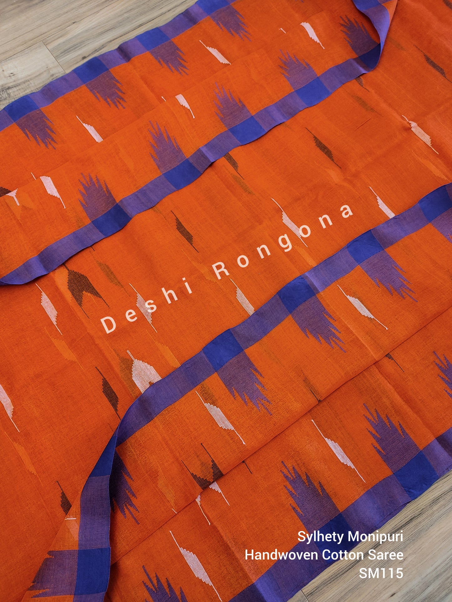 Sylheti Monipuri Handwoven Cotton Saree – Orange & Blue Border