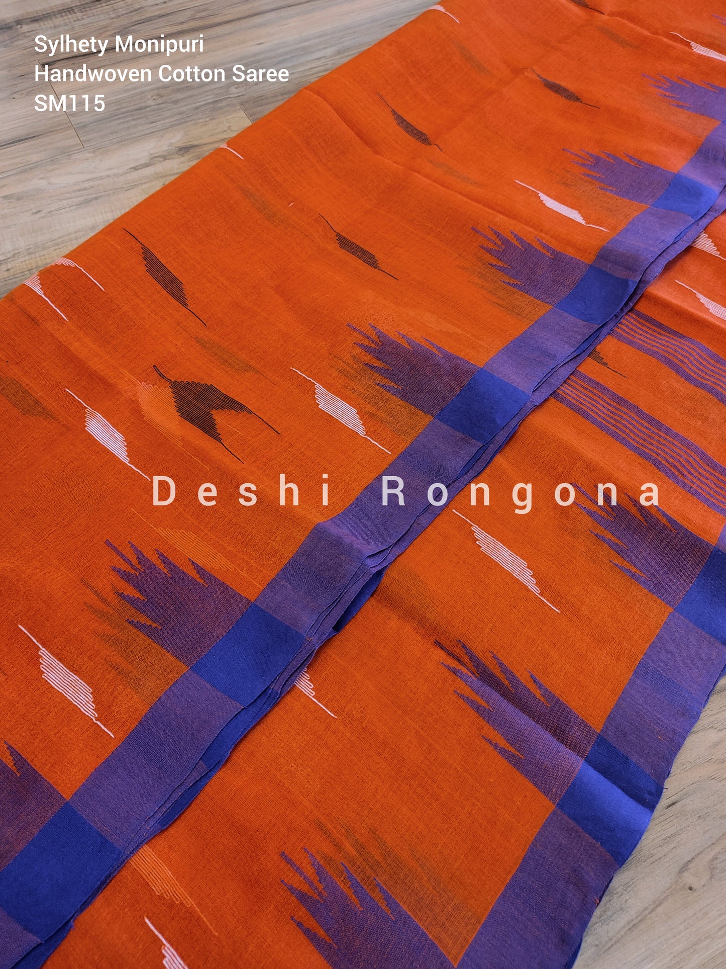 Sylheti Monipuri Handwoven Cotton Saree – Orange & Blue Border