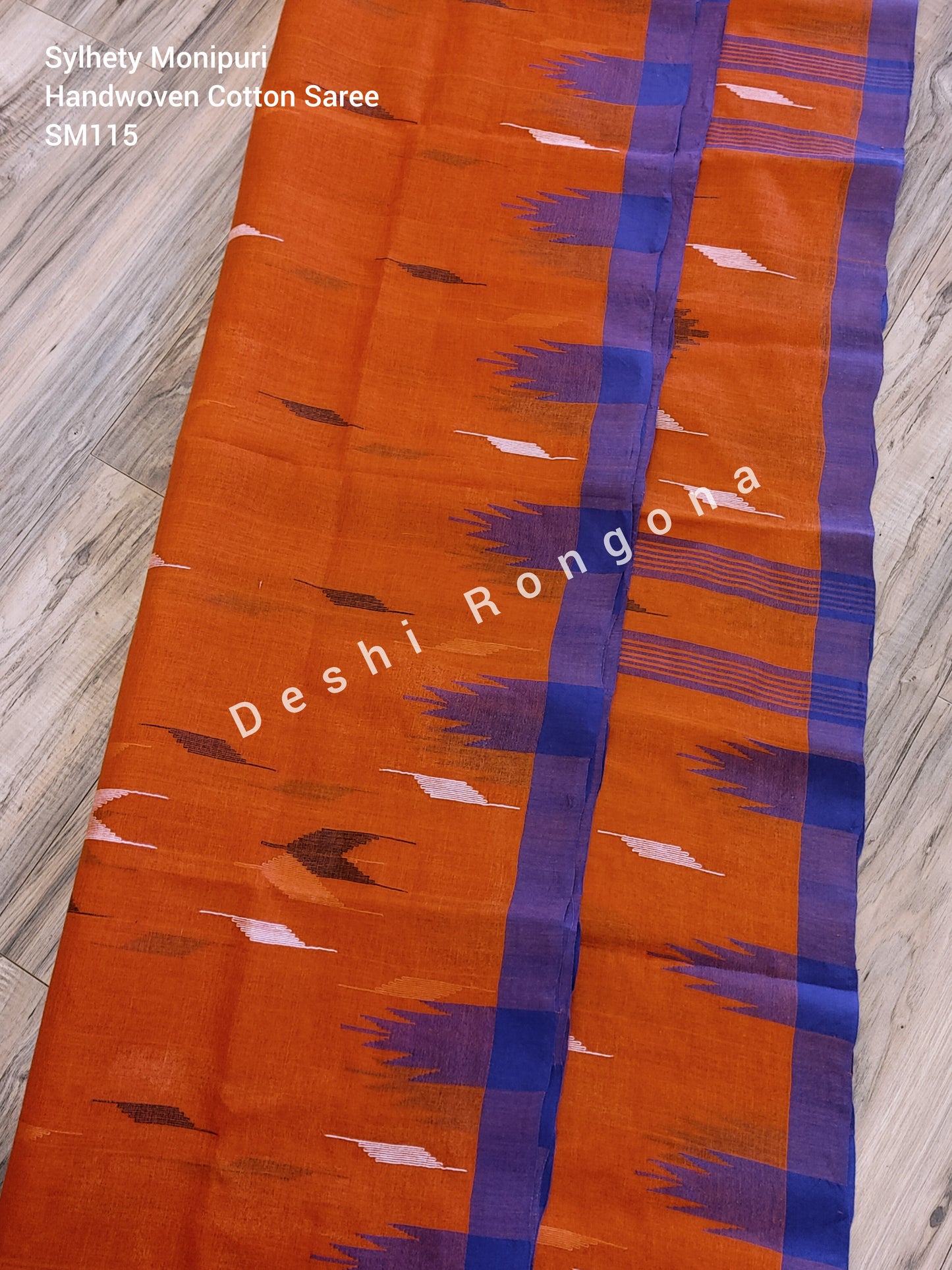 Sylheti Monipuri Handwoven Cotton Saree – Orange & Blue Border