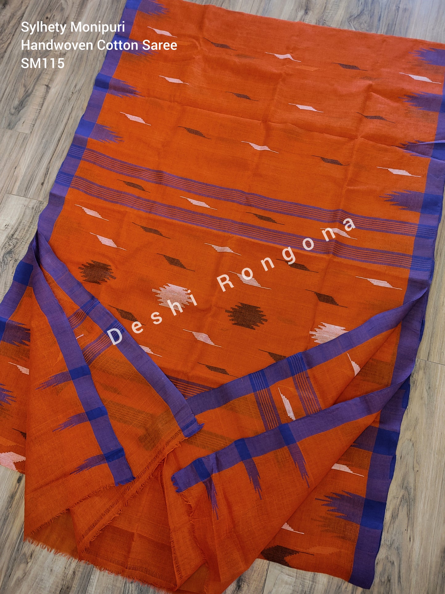 Sylheti Monipuri Handwoven Cotton Saree – Orange & Blue Border