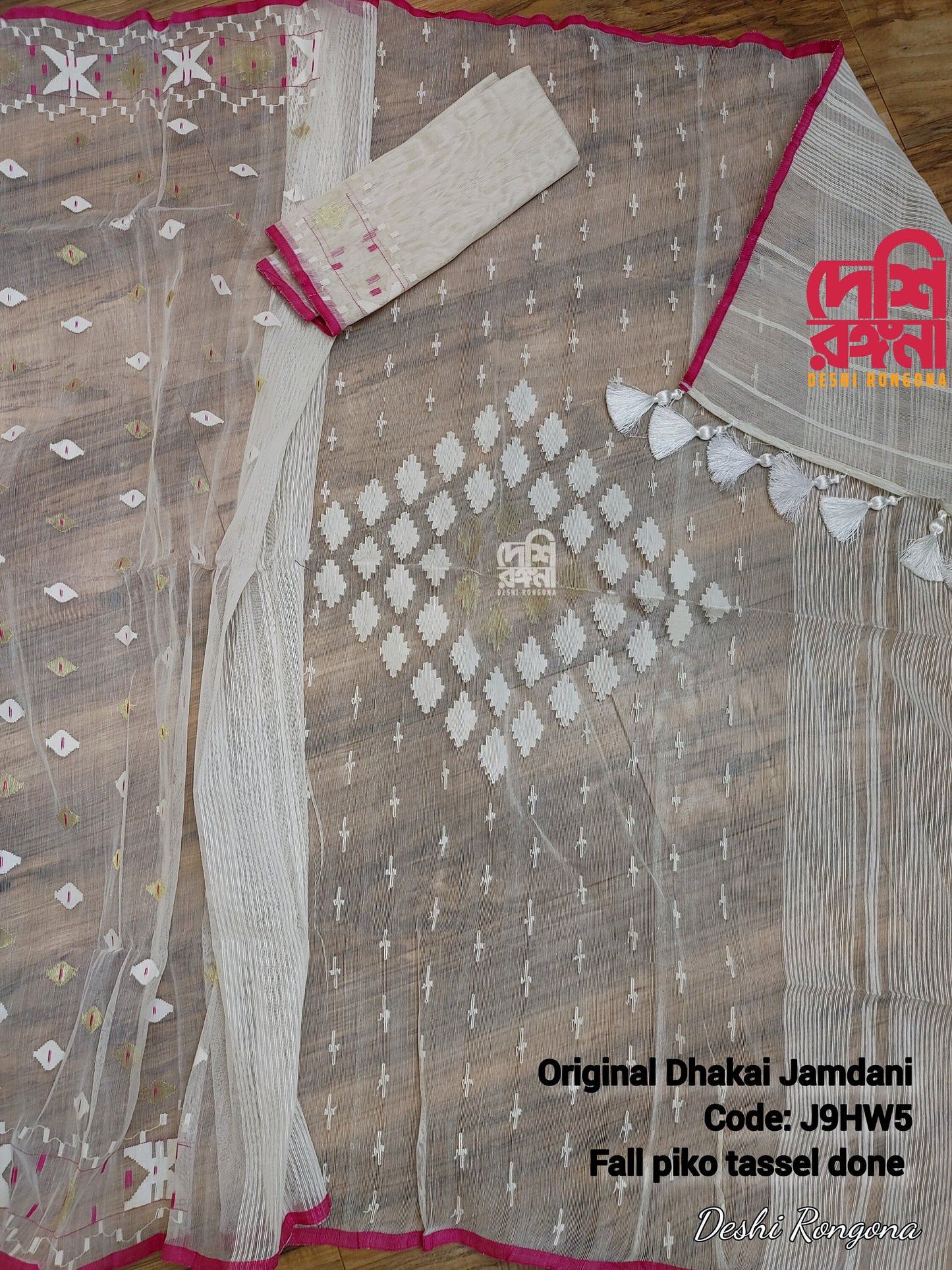 White‑Magenta Meenakari Dhakai Jamdani Saree