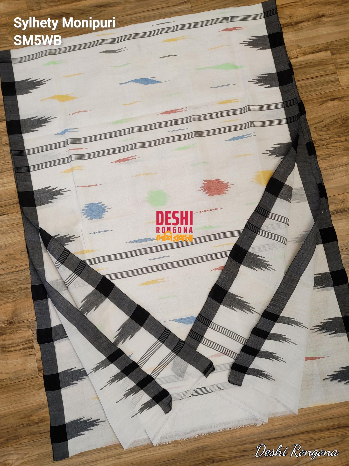 Sylheti Monipuri Handwoven Cotton Saree – White & Black