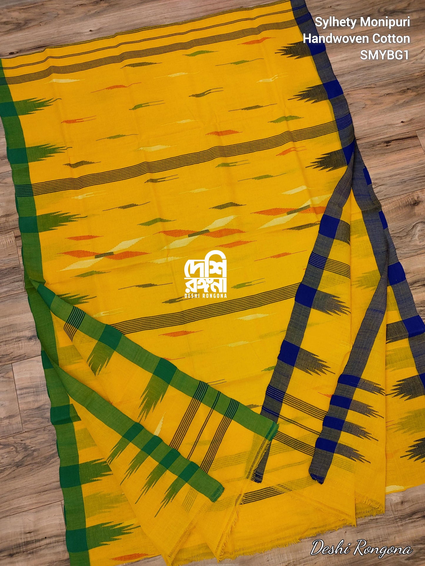 Sylheti Monipuri Handwoven Saree – Mustard Yellow & Green