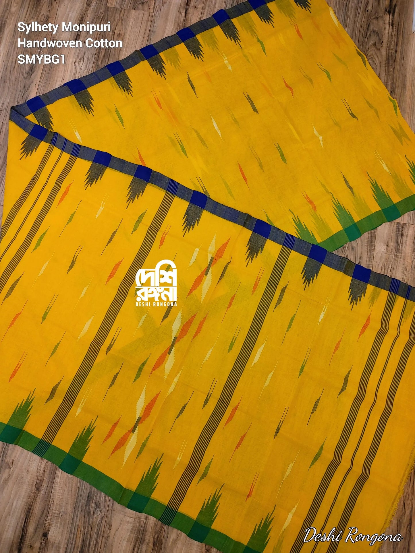 Sylheti Monipuri Handwoven Saree – Mustard Yellow & Green