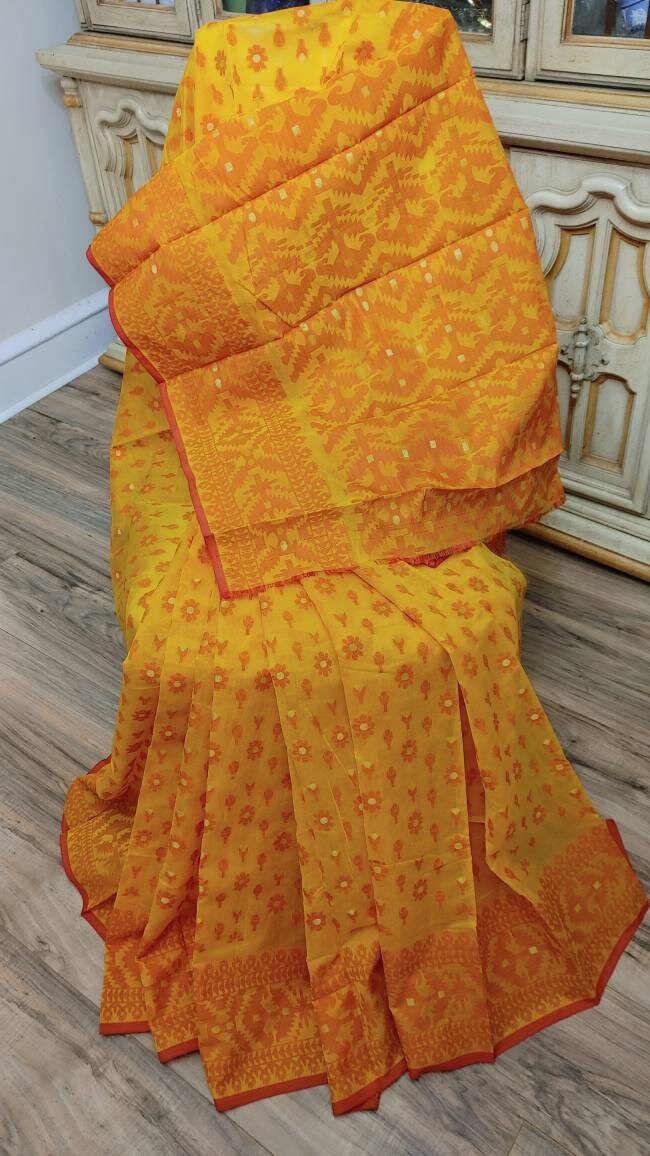 HalfSilk Tangail Saree, Beautiful Merigold Color with Red and Golden Thread Work, Handloomed, Elegant, Classy Party Ware Sharee