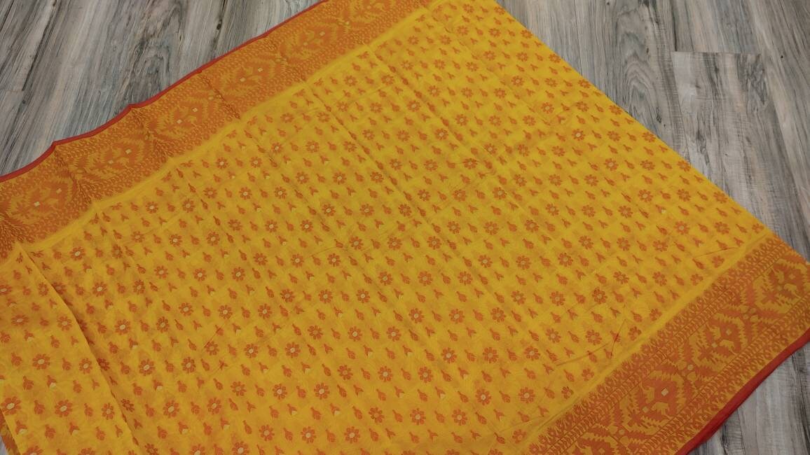 HalfSilk Tangail Saree, Beautiful Merigold Color with Red and Golden Thread Work, Handloomed, Elegant, Classy Party Ware Sharee