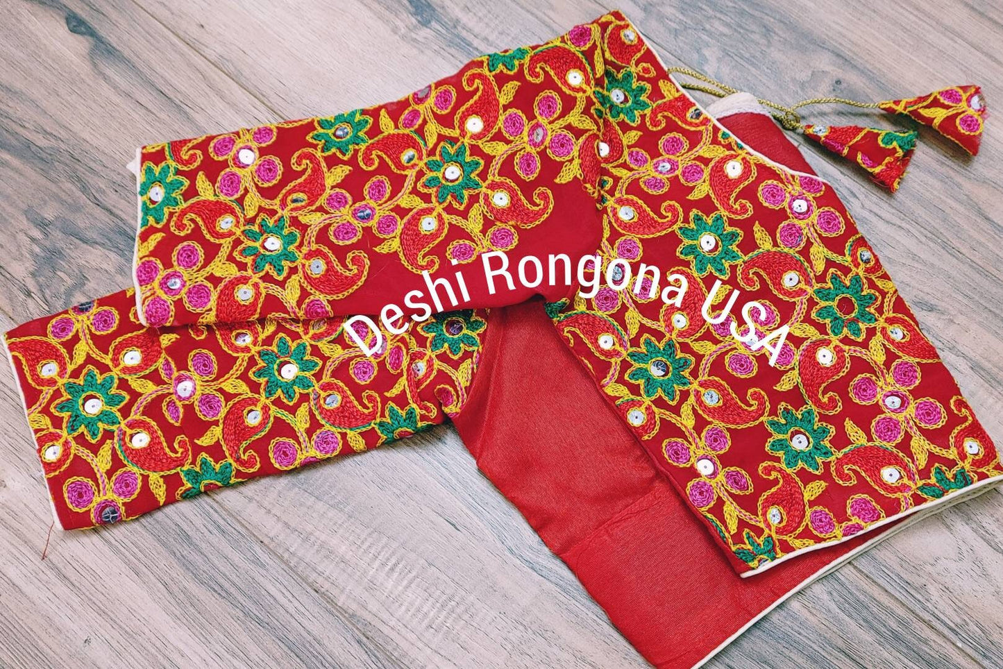 Indian Joypuri/Gujrati Blouse with Mirror work on sleeves and Back. Gorgeous Party Blouse that goes with any traditional Saree