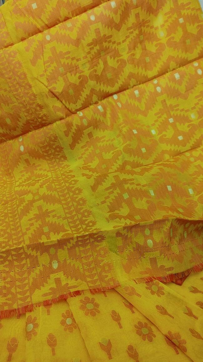 HalfSilk Tangail Saree, Beautiful Merigold Color with Red and Golden Thread Work, Handloomed, Elegant, Classy Party Ware Sharee