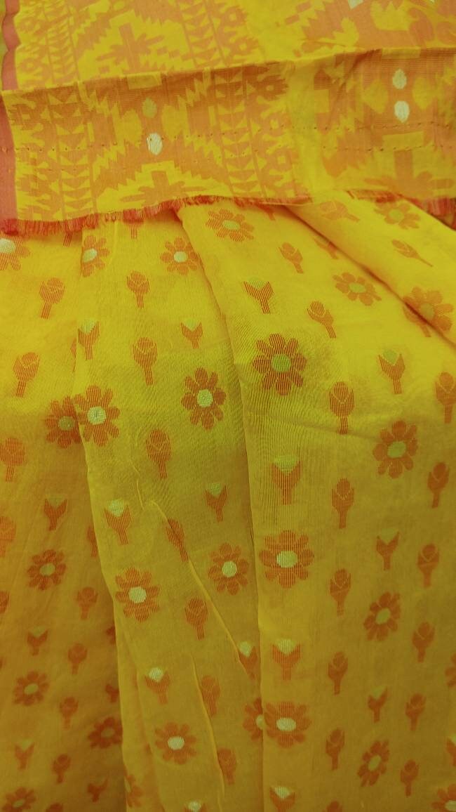HalfSilk Tangail Saree, Beautiful Merigold Color with Red and Golden Thread Work, Handloomed, Elegant, Classy Party Ware Sharee