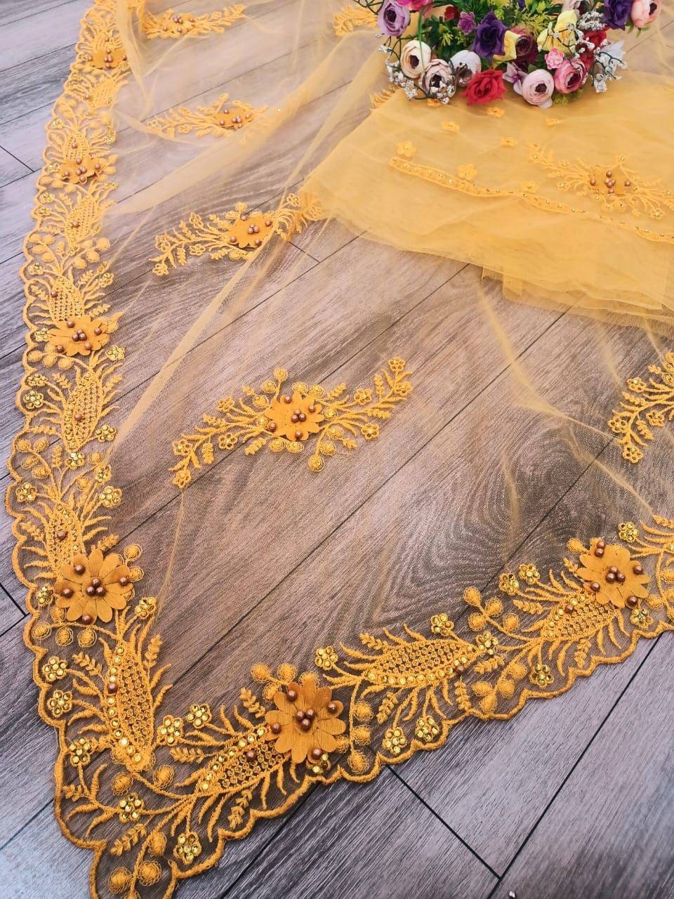 Soft Net Saree with Fancy Embroidery Work, attached ribbon,Beautiful Diamond Cut Stone Work, Available in 7 Colors