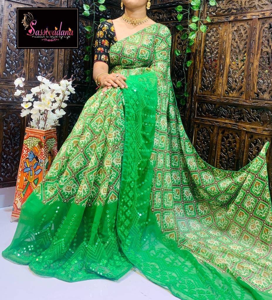 Magenta Patola Print Saree, 6 Available Colors, Soft Georgette, Penal Mirror handwork