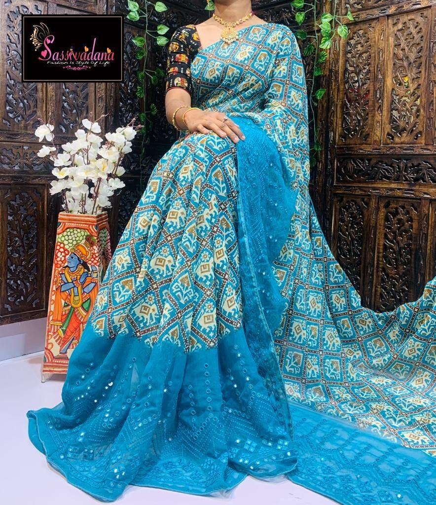 Patola Print Saree, 6 Available Colors, Soft Georgette, Penal Mirror handwork