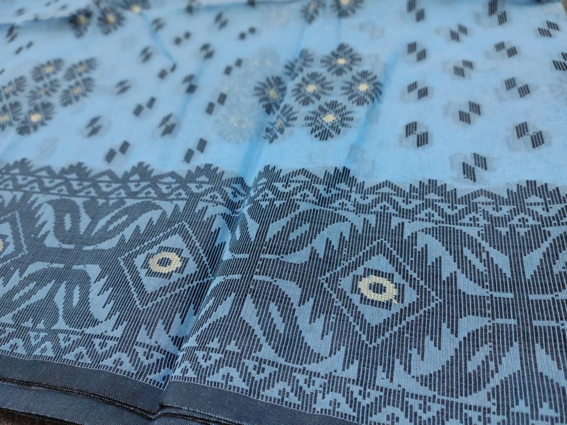Dhakai Muslin Silk-Cotton Saree, Handloom, Beautiful Light Blue Color with Black & Golden Thread Work, Elegant, Classy Party Ware