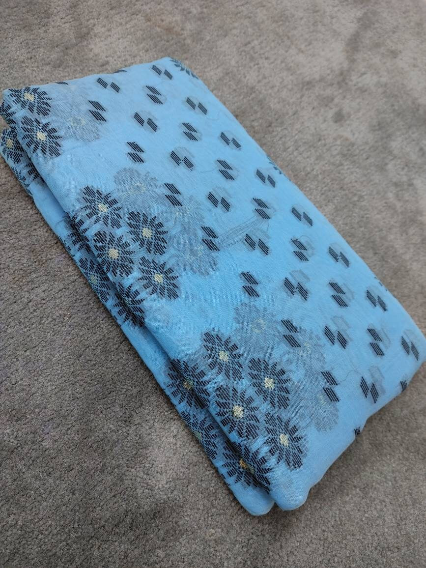 Dhakai Muslin Silk-Cotton Saree, Handloom, Beautiful Light Blue Color with Black & Golden Thread Work, Elegant, Classy Party Ware