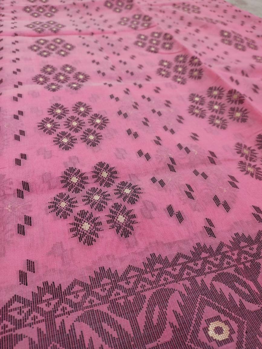Dhakai Muslin Silk-Cotton Saree, Handloom, Beautiful Light Pink Color with Black & Golden Thread Work, Elegant,Classy Party Ware