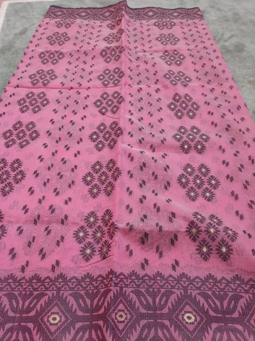 Dhakai Muslin Silk-Cotton Saree, Handloom, Beautiful Light Pink Color with Black & Golden Thread Work, Elegant,Classy Party Ware