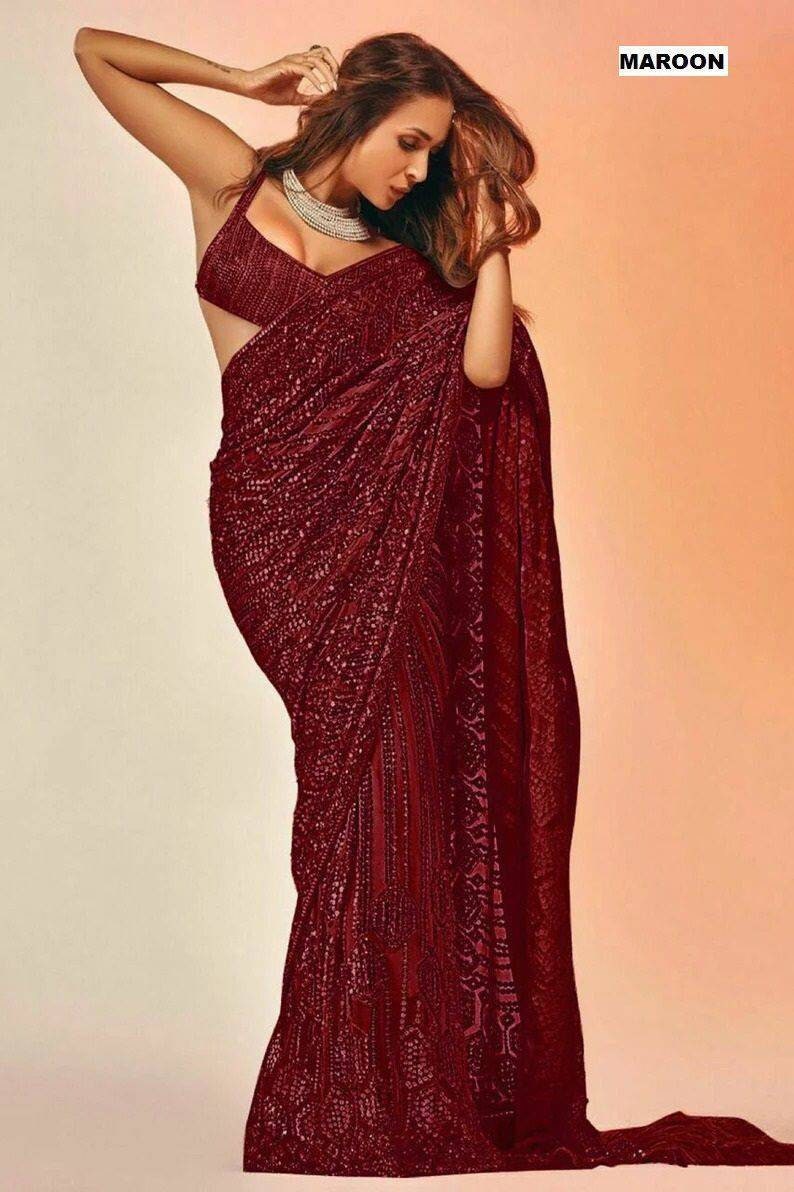 Bollywood Designer Sequins Saree, Mallica Arrora Design, Ready to ship in USA