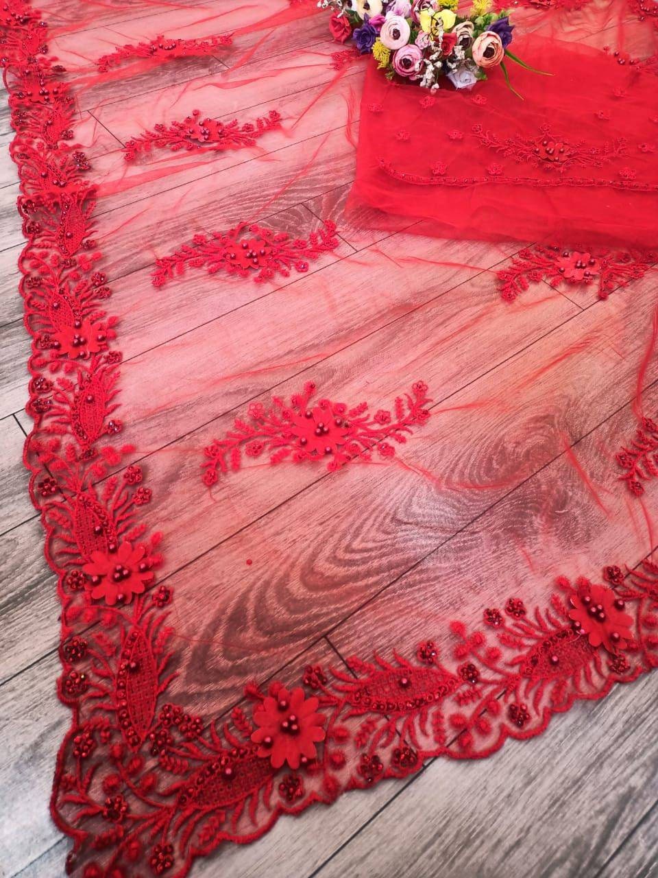 Soft Net Saree with Fancy Embroidery Work, attached ribbon,Beautiful Diamond Cut Stone Work, Available in 7 Colors