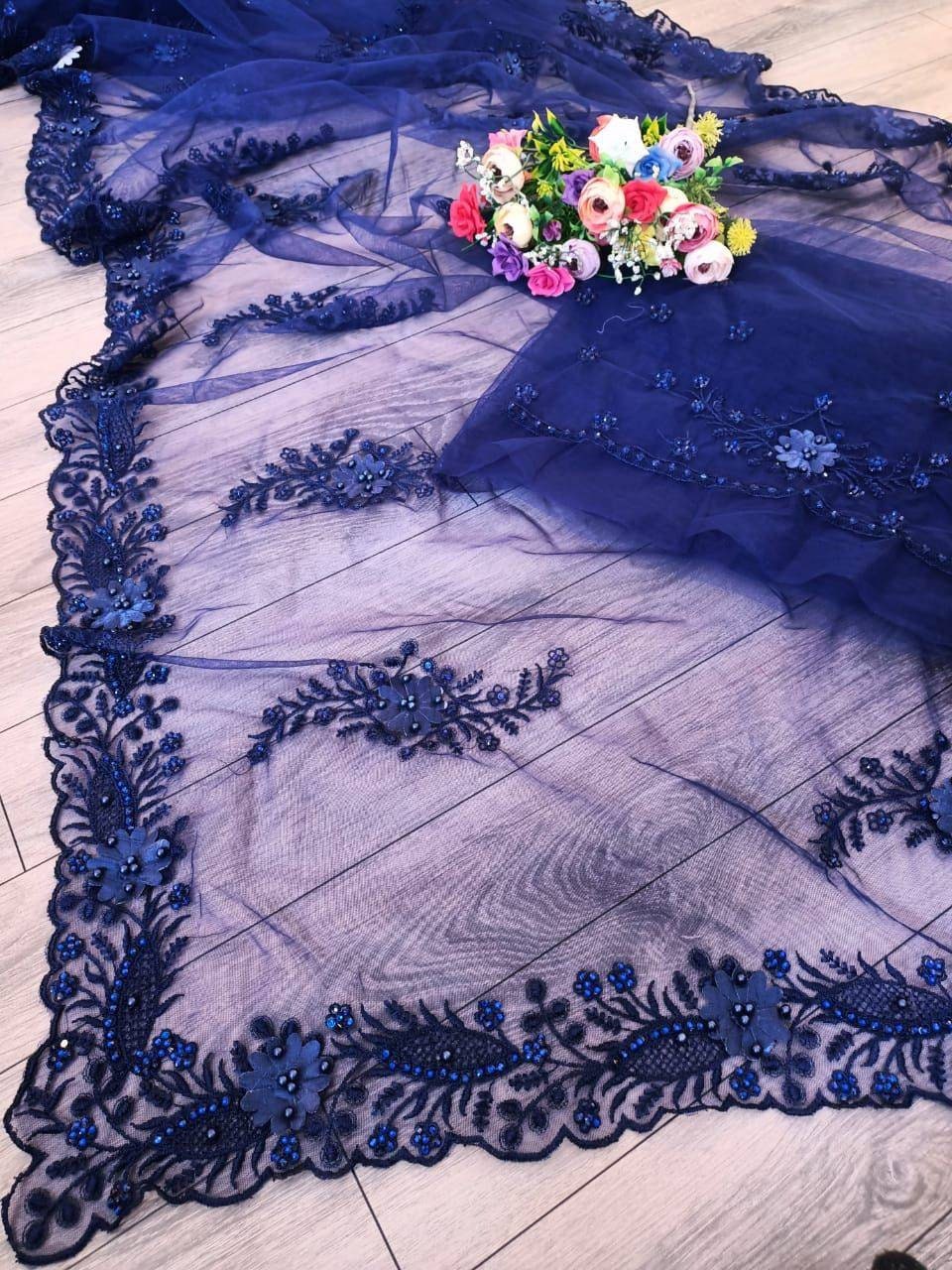 Soft Net Saree with Fancy Embroidery Work, attached ribbon,Beautiful Diamond Cut Stone Work, Available in 7 Colors