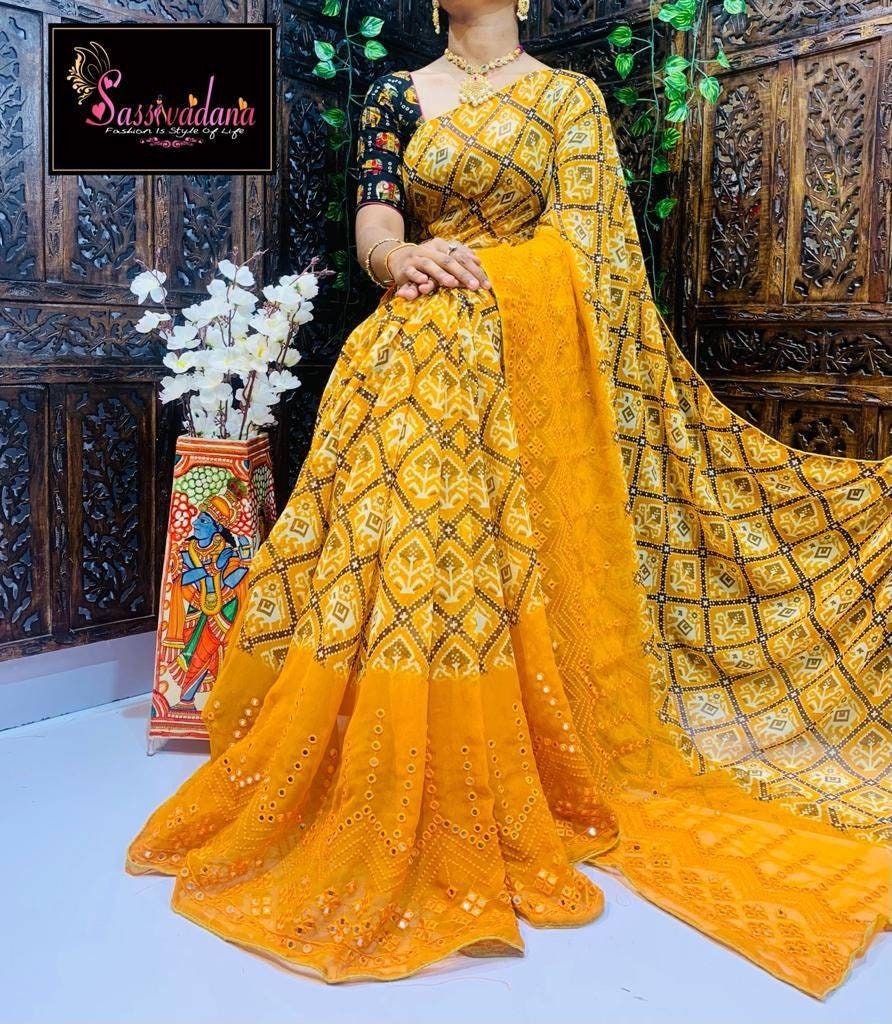 Magenta Patola Print Saree, 6 Available Colors, Soft Georgette, Penal Mirror handwork