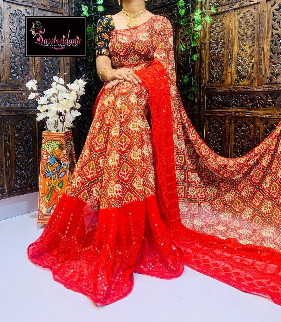 Magenta Patola Print Saree, 6 Available Colors, Soft Georgette, Penal Mirror handwork