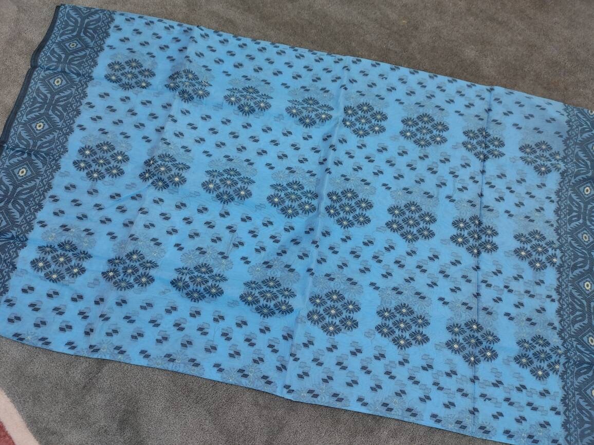 Dhakai Muslin Silk-Cotton Saree, Handloom, Beautiful Light Blue Color with Black & Golden Thread Work, Elegant, Classy Party Ware