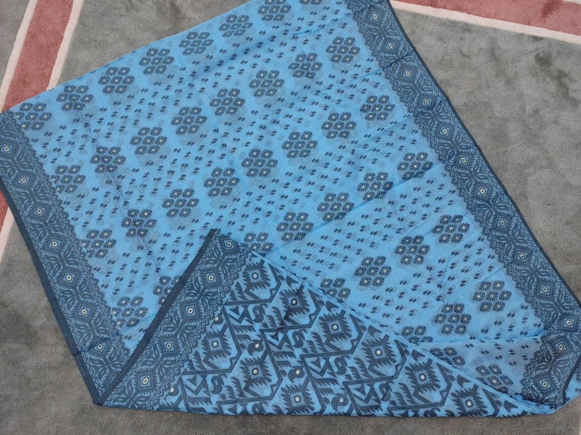 Dhakai Muslin Silk-Cotton Saree, Handloom, Beautiful Light Blue Color with Black & Golden Thread Work, Elegant, Classy Party Ware