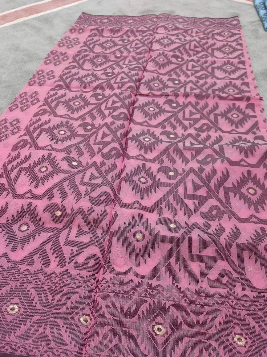 Dhakai Muslin Silk-Cotton Saree, Handloom, Beautiful Light Pink Color with Black & Golden Thread Work, Elegant,Classy Party Ware