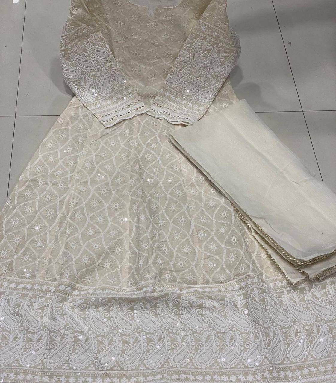 Gorgeous Summer Collection,Off White Lukhnawi Chikankari Cotton Gown with Swarovski Sequin Handwork