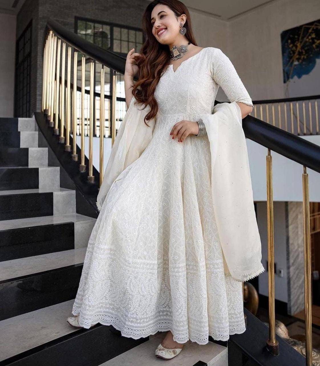 Gorgeous Summer Collection,Off White Lukhnawi Chikankari Cotton Gown with Swarovski Sequin Handwork