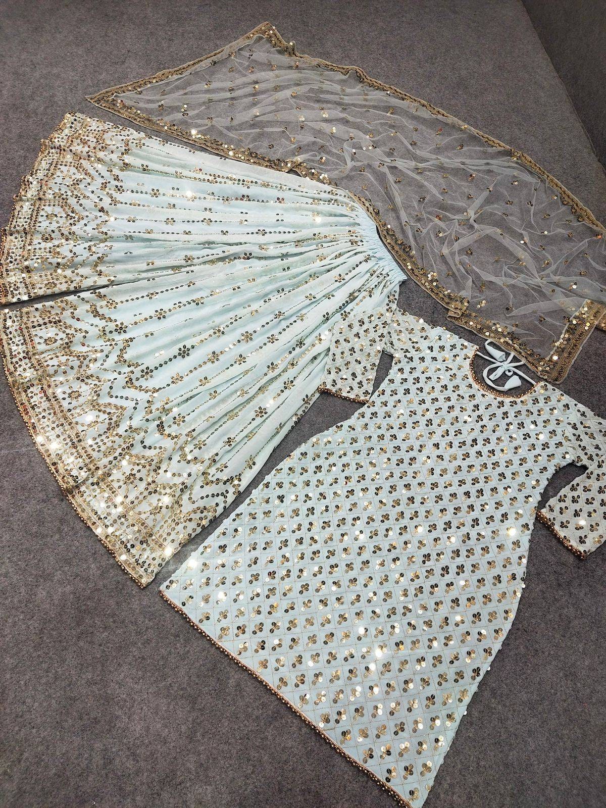 Designer Party Wear, Stiched Top and Sharara. 9mm sequins work. Beautiful Net Dupatta. Ready to ship in USA