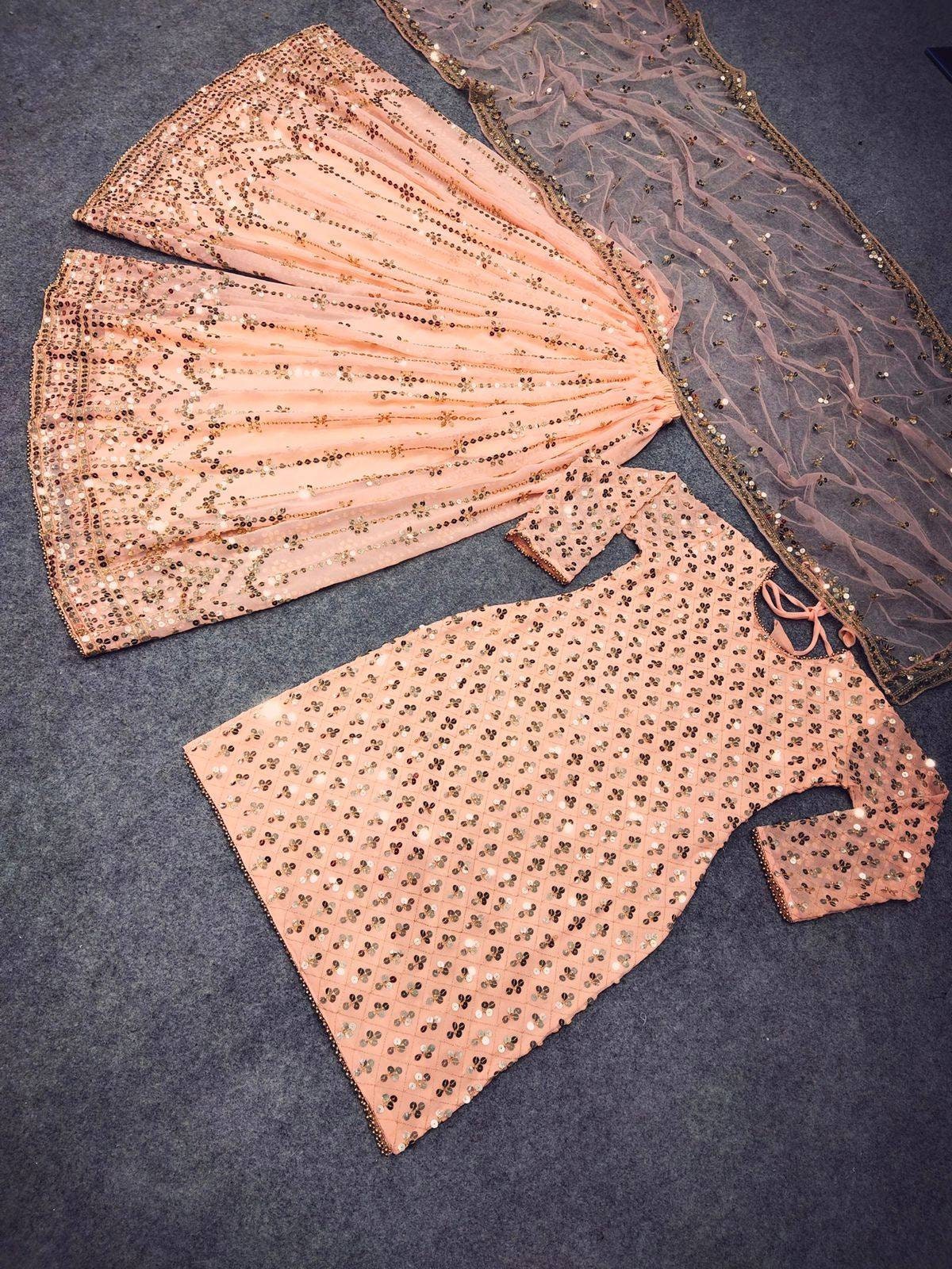 Designer Party Wear, Stiched Top and Sharara. 9mm sequins work. Beautiful Net Dupatta. Ready to ship in USA