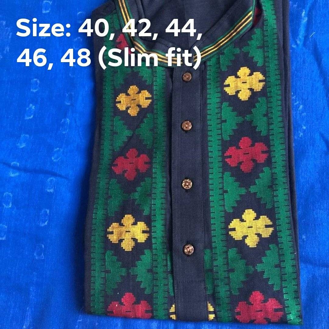 Navy Blue Dhakai Jamdani Punjabi, Pure Cotton, Handloom, Comfortable, Elegant, Made in Dhaka, Bangladesh.Slim fit