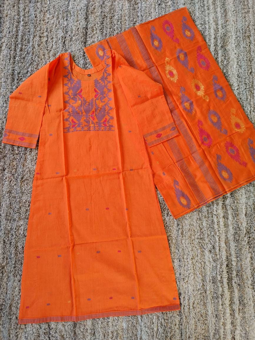 Dhakai Jamdani Dress, Handloom Cotton 2 piece, Orange with Multi Color thread work, Soft, Comfortable Summer Wear. Kamij and Dupatta