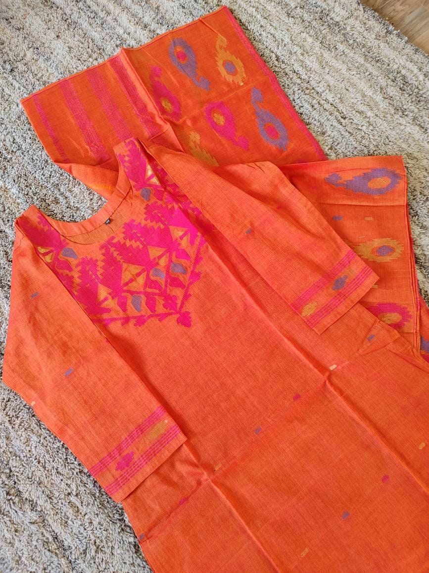 Dhakai Jamdani Dress, Handloom Cotton 2 piece, Orange with Multi Color thread work, Soft, Comfortable Summer Wear. Kamij and Dupatta