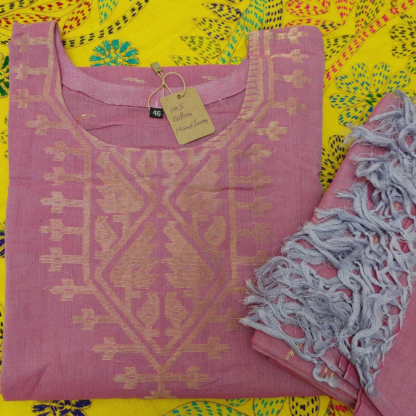 Handwoven Pink Dhakai Jamdani Cotton 3-Piece Set
