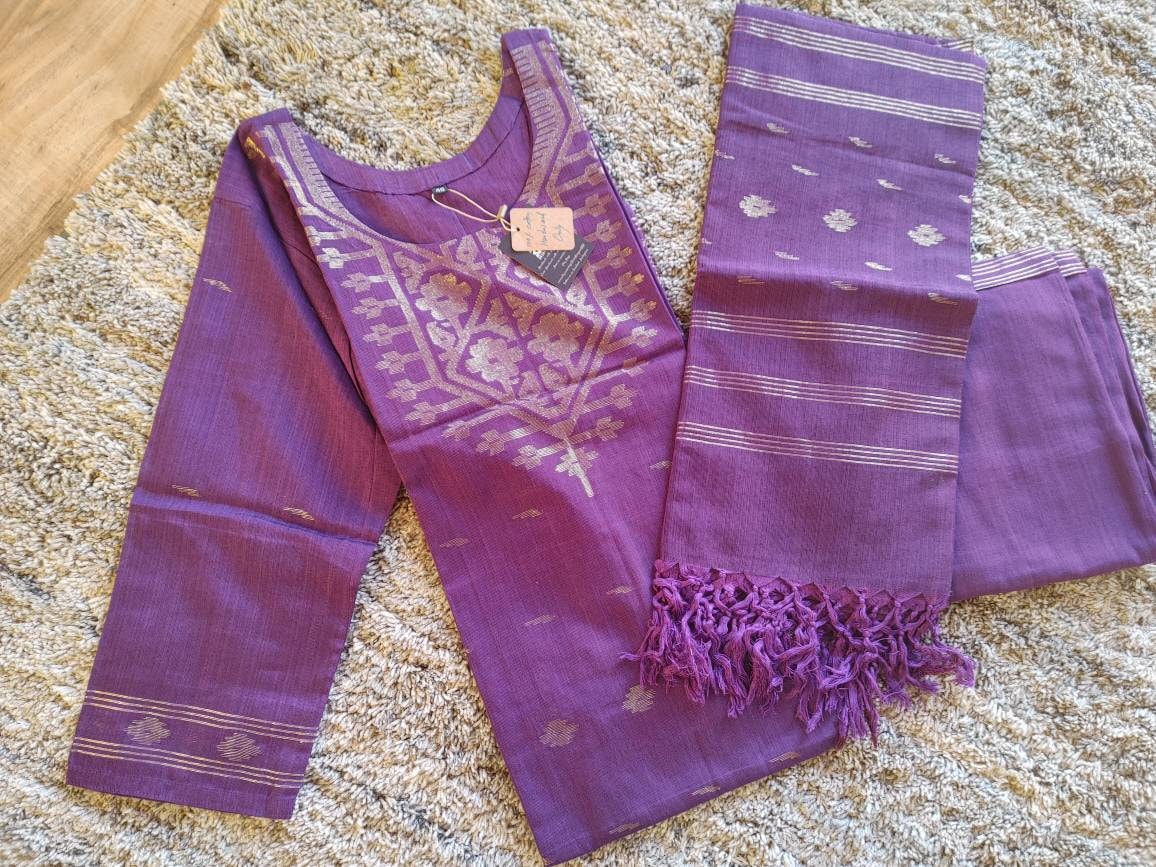 Exclusive Handloom Dhakai Jamdani Cotton 3 piece, Purple with Golden thread(Zari) work, Soft, Comfortable Summer Wear, Kamij-Dupatta-Salwar