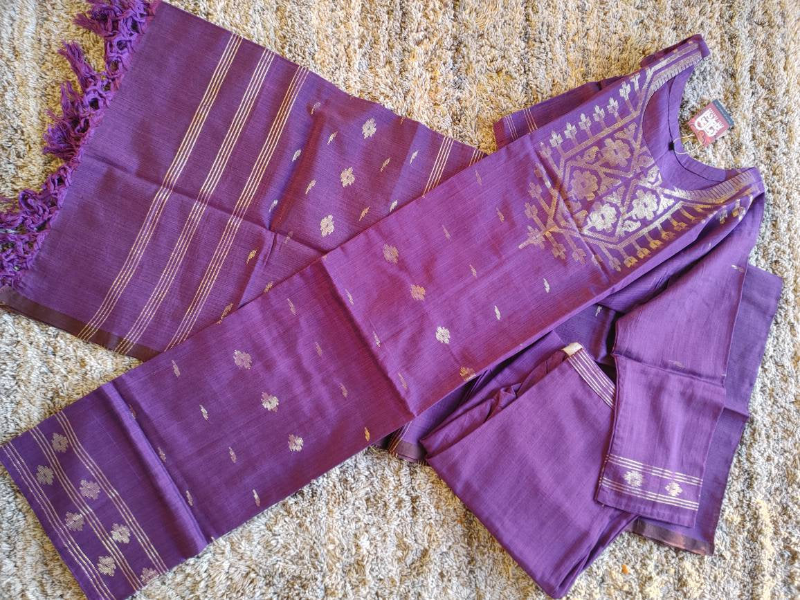 Exclusive Handloom Dhakai Jamdani Cotton 3 piece, Purple with Golden thread(Zari) work, Soft, Comfortable Summer Wear, Kamij-Dupatta-Salwar