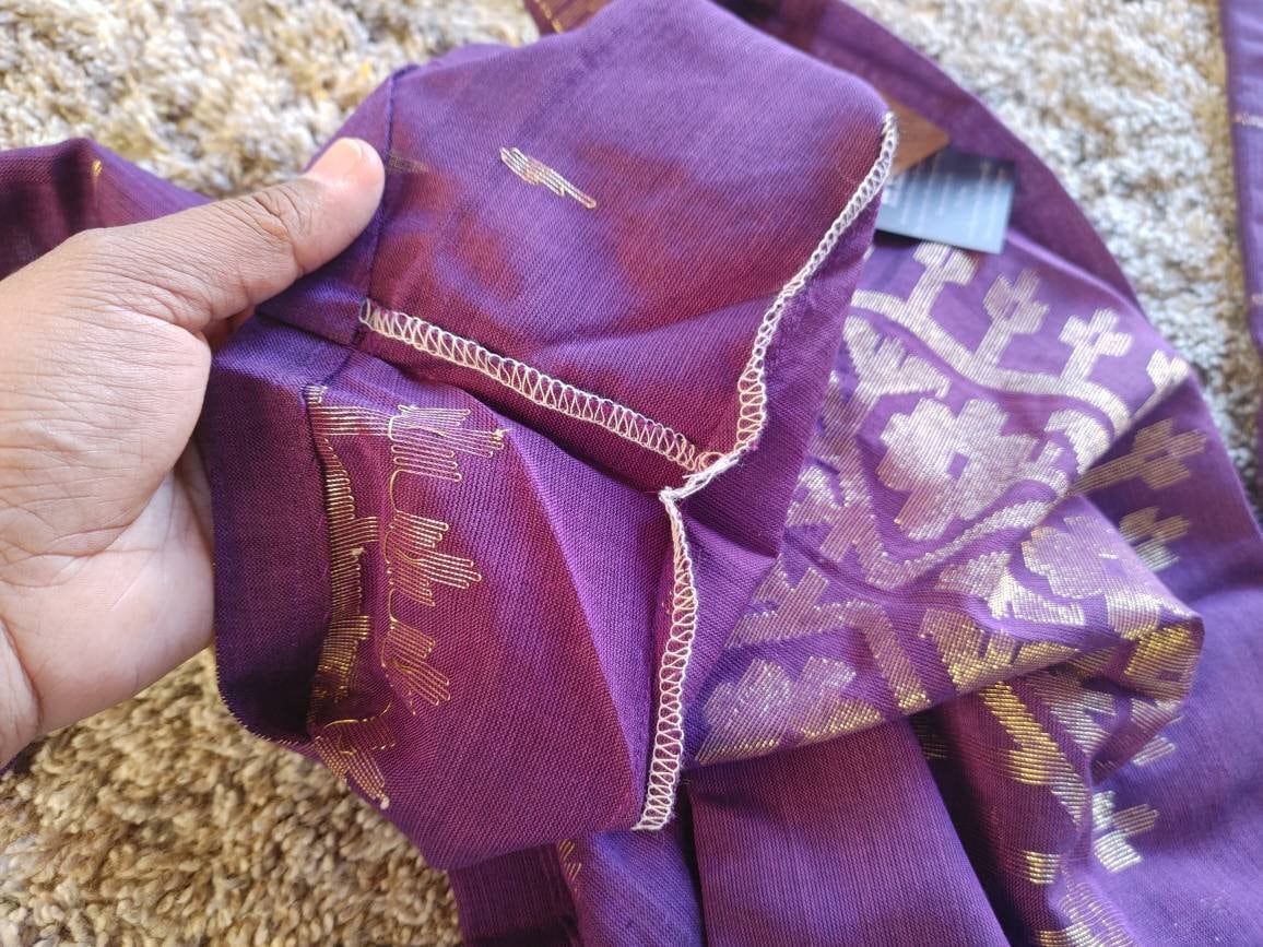 Exclusive Handloom Dhakai Jamdani Cotton 3 piece, Purple with Golden thread(Zari) work, Soft, Comfortable Summer Wear, Kamij-Dupatta-Salwar
