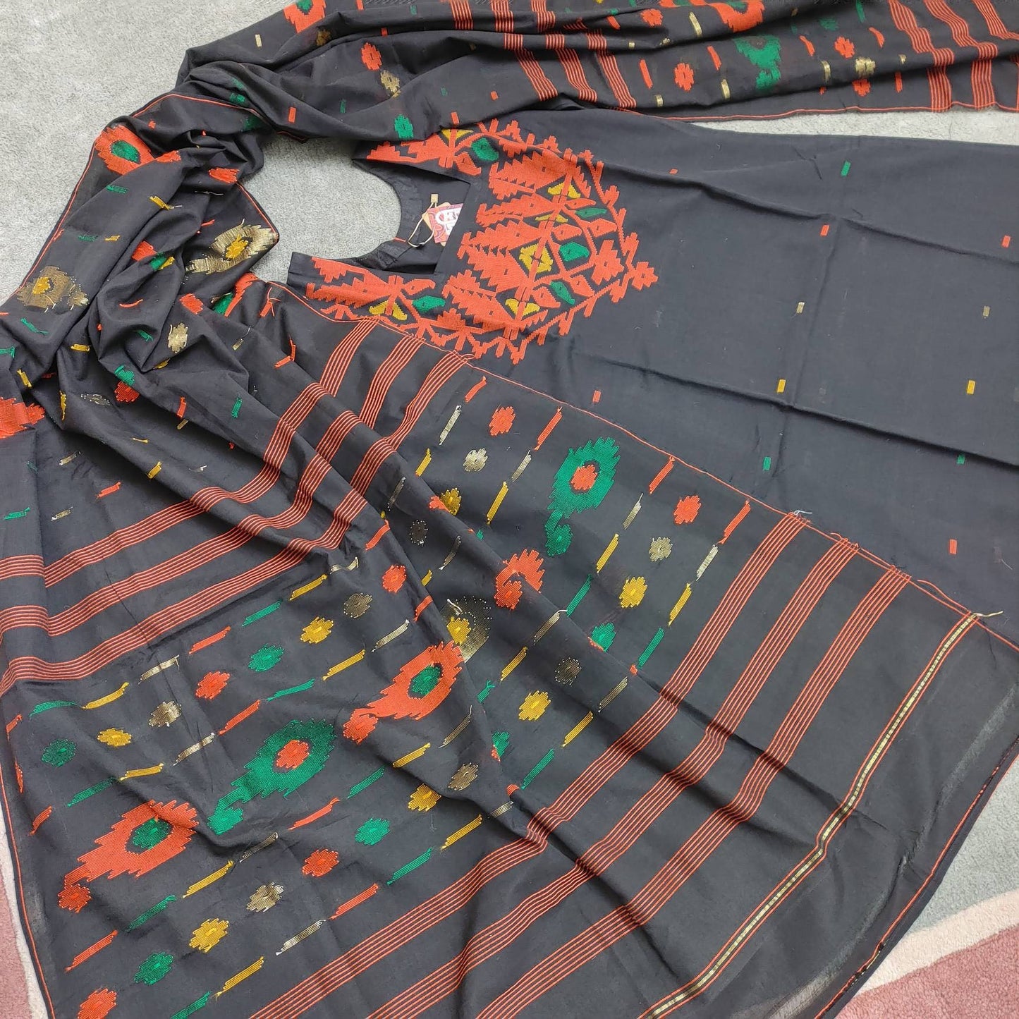 Dhakai Jamdani Dress, Handloom Cotton 3 piece, Black and Red Combination, Soft, Comfortable Summer Wear. Kamij, Salwar and Dupatta