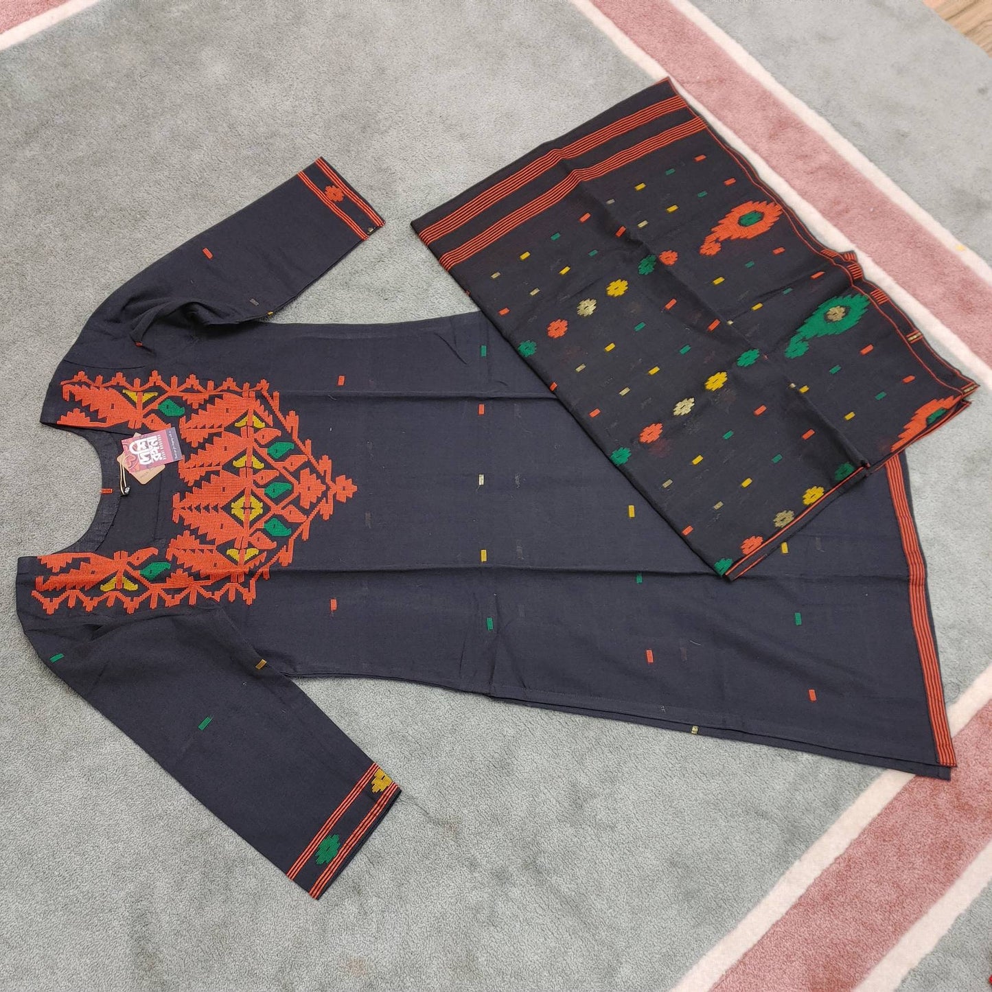 Dhakai Jamdani Dress, Handloom Cotton 3 piece, Black and Red Combination, Soft, Comfortable Summer Wear. Kamij, Salwar and Dupatta
