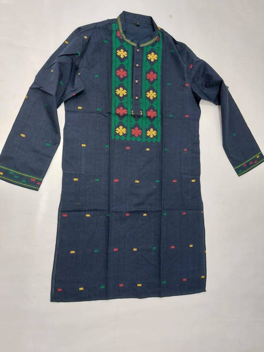 Navy Blue Dhakai Jamdani Punjabi, Pure Cotton, Handloom, Comfortable, Elegant, Made in Dhaka, Bangladesh.Slim fit