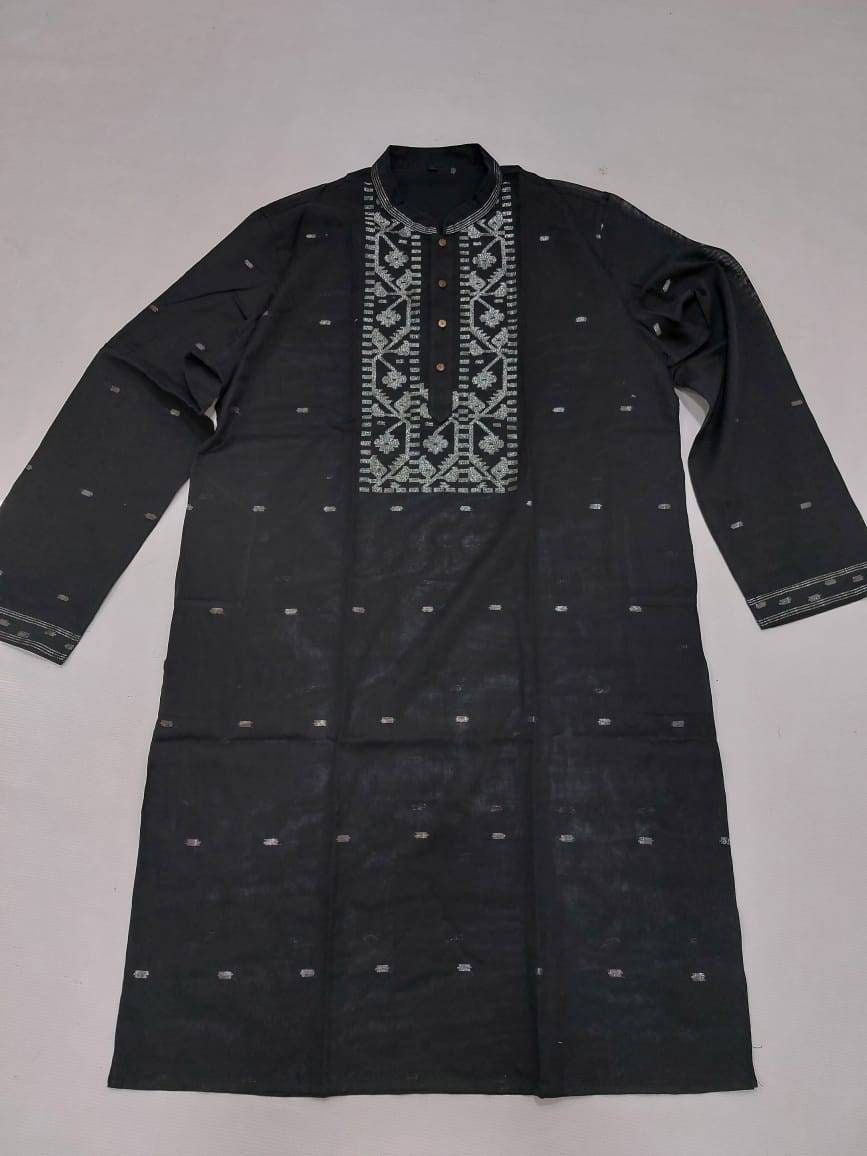 Pure Cotton Dhakai Jamdani Black Punjabi, Handloom, Comfortable, Elegant, Made in Dhaka, Bangladesh. SLIM FIT