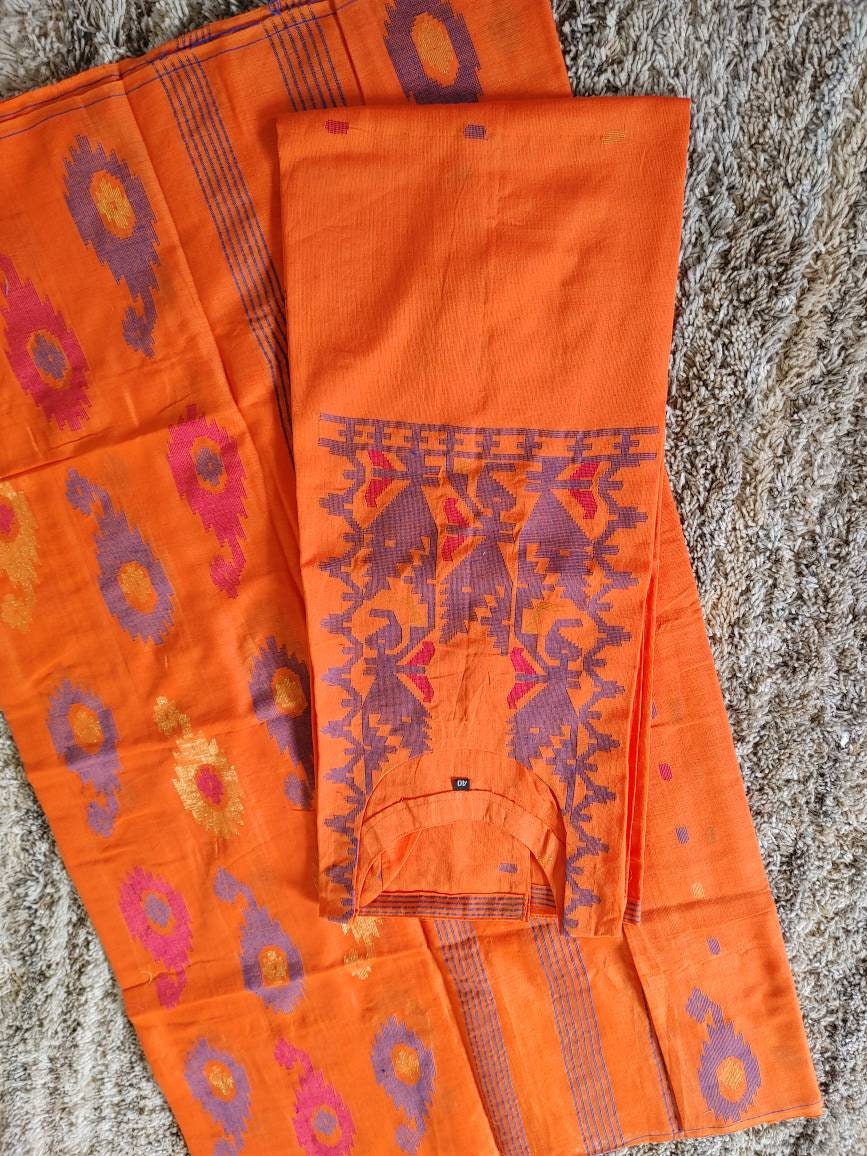 Dhakai Jamdani Dress, Handloom Cotton 2 piece, Orange with Multi Color thread work, Soft, Comfortable Summer Wear. Kamij and Dupatta