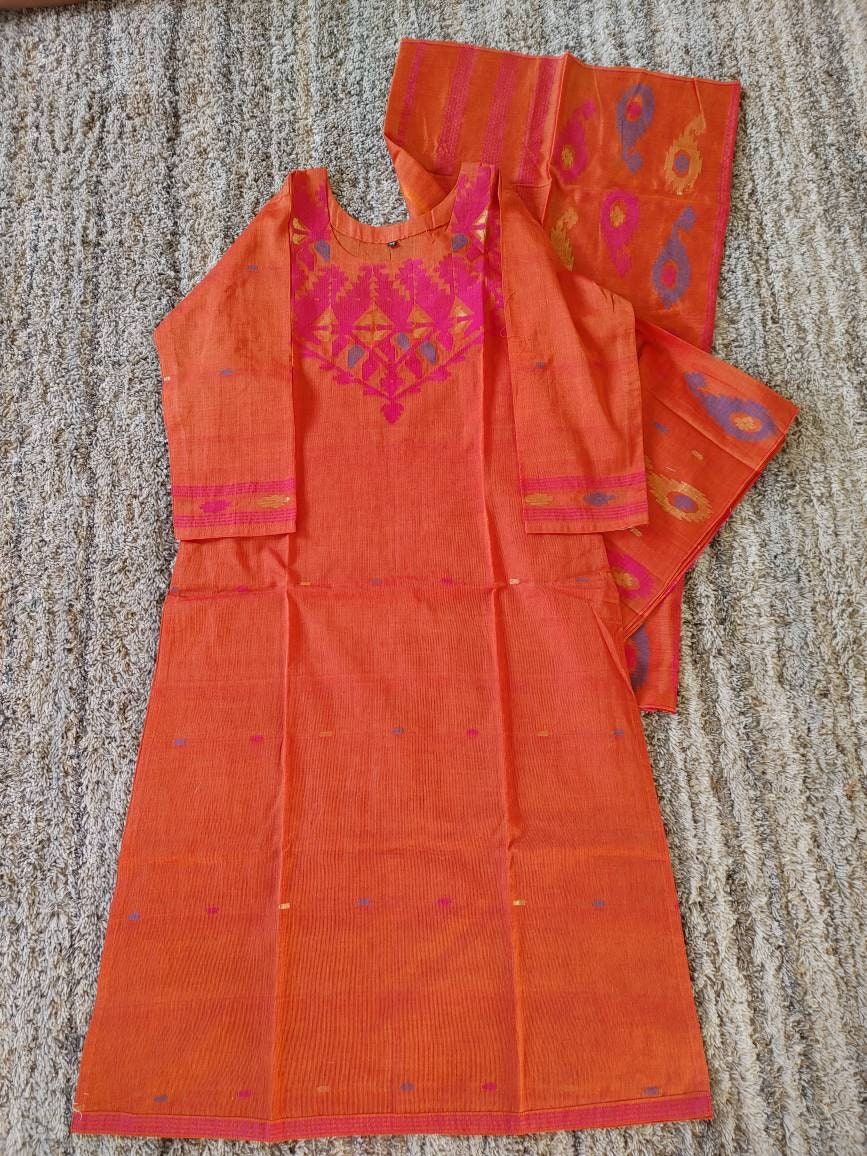 Dhakai Jamdani Dress, Handloom Cotton 2 piece, Orange with Multi Color thread work, Soft, Comfortable Summer Wear. Kamij and Dupatta